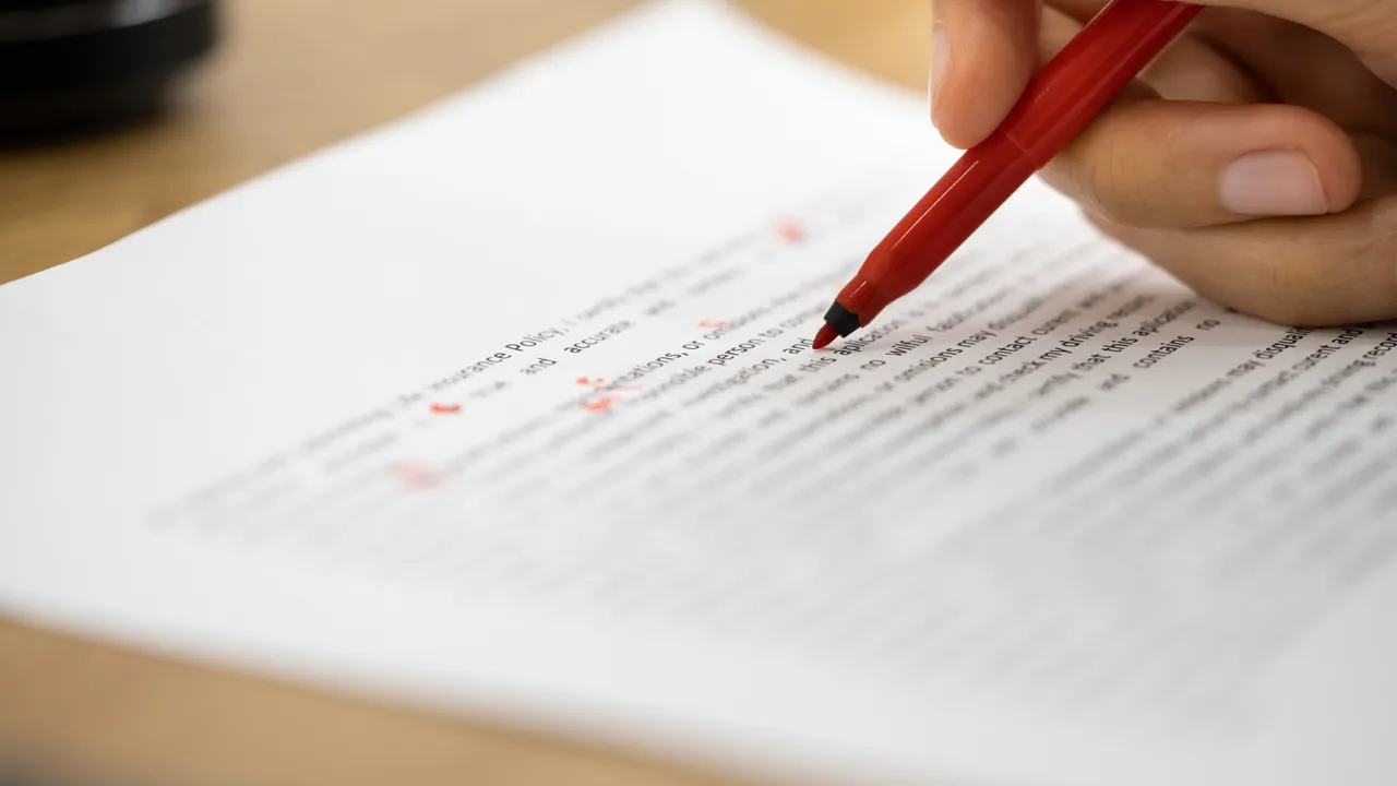 Red pen marking edits on a written script