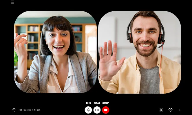 Two people speaking in a remote video interview